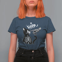 Black Cat Halloween T Shirt For Women Skeleton Hand Boop - Wonder Print Shop