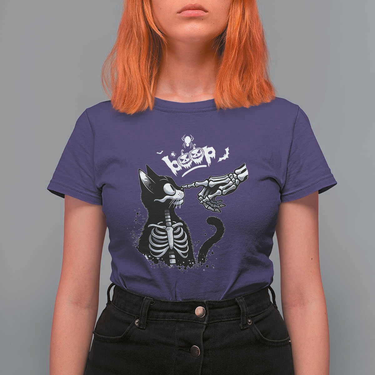Black Cat Halloween T Shirt For Women Skeleton Hand Boop - Wonder Print Shop