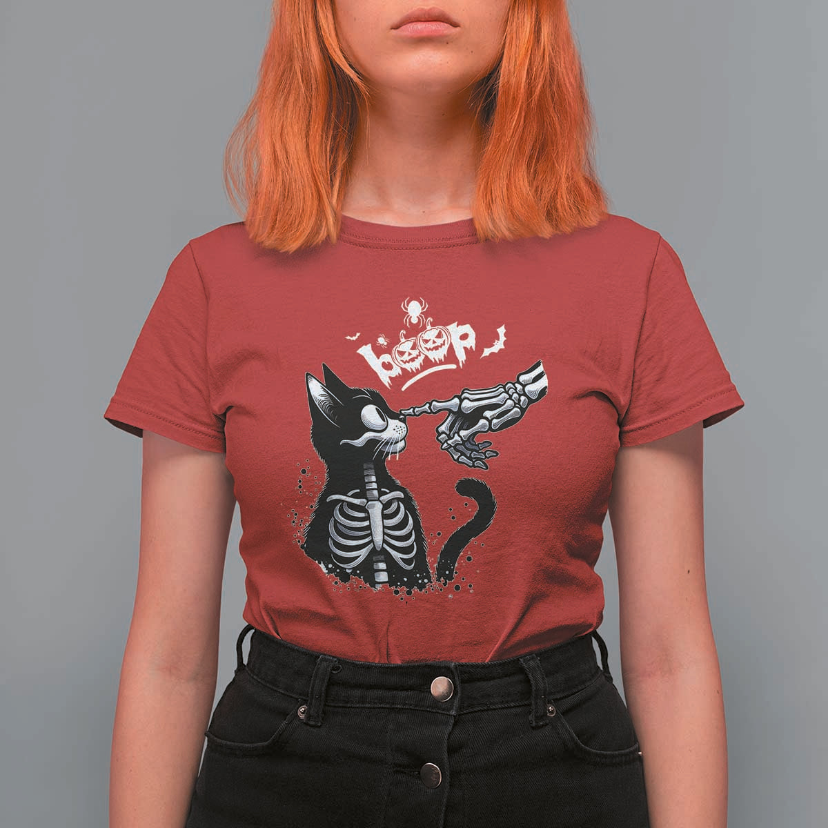 Black Cat Halloween T Shirt For Women Skeleton Hand Boop - Wonder Print Shop