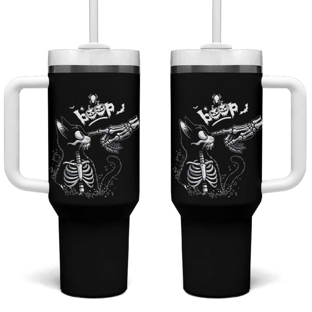 Black Cat Halloween Tumbler With Handle Skeleton Hand Boop - Wonder Print Shop