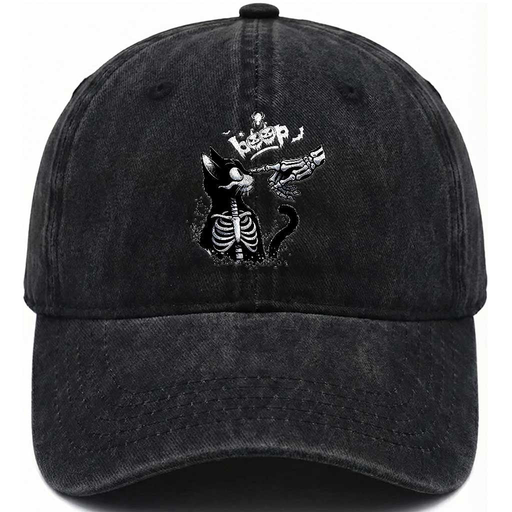 Black Cat Halloween Washed Cotton Baseball Cap Skeleton Hand Boop