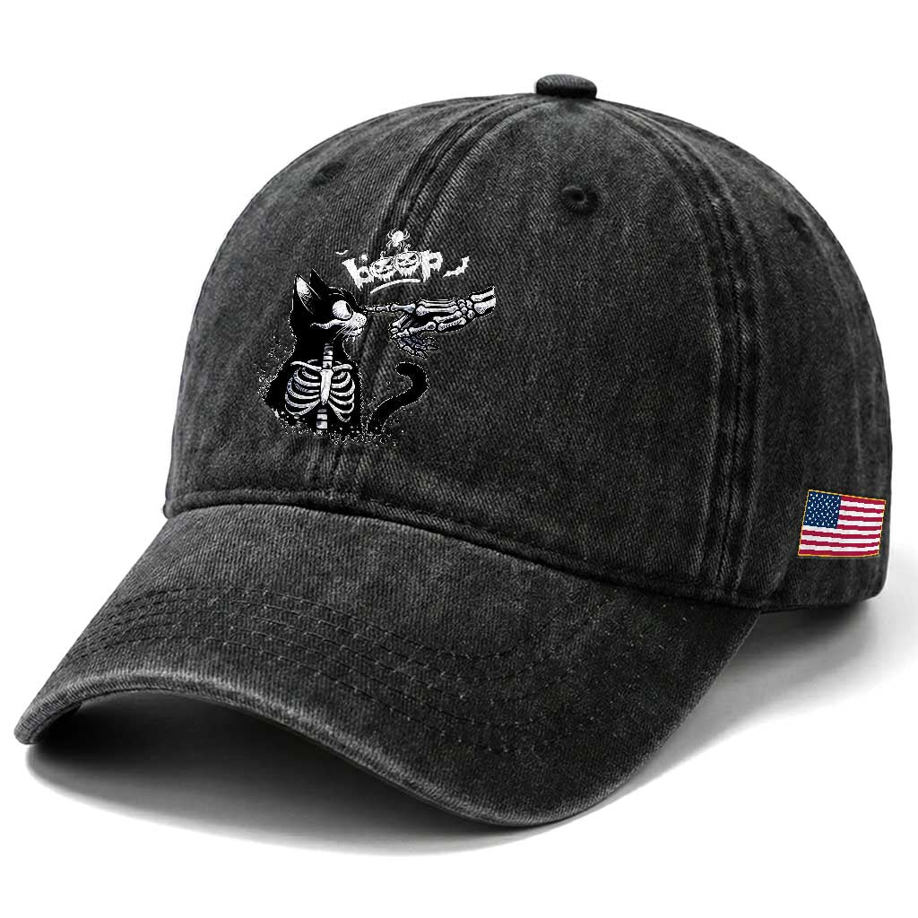 Black Cat Halloween Washed Cotton Baseball Cap Skeleton Hand Boop
