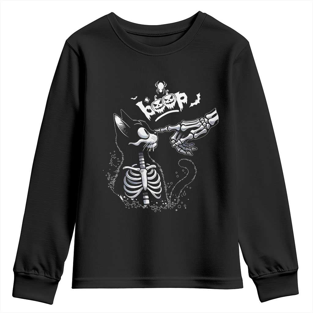 Black Cat Halloween Youth Sweatshirt Skeleton Hand Boop - Wonder Print Shop