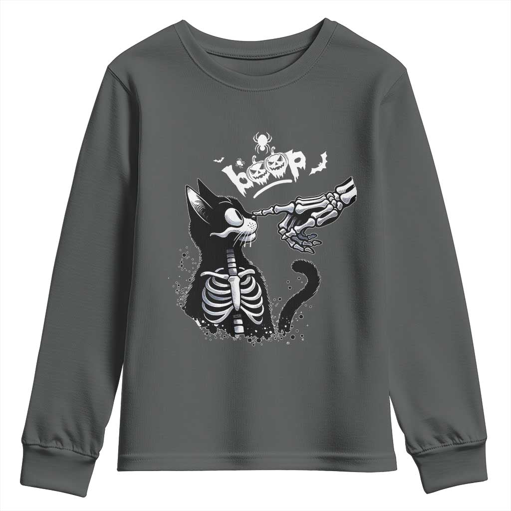 Black Cat Halloween Youth Sweatshirt Skeleton Hand Boop - Wonder Print Shop