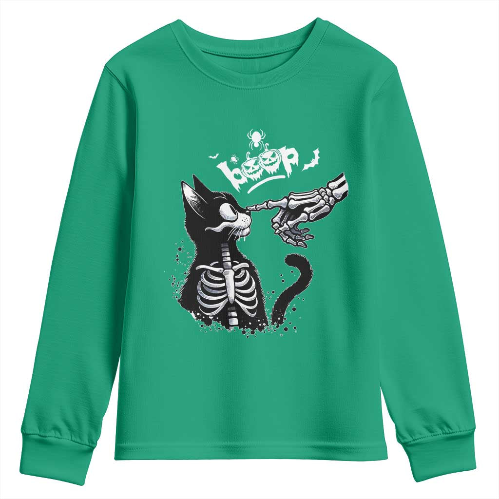 Black Cat Halloween Youth Sweatshirt Skeleton Hand Boop - Wonder Print Shop