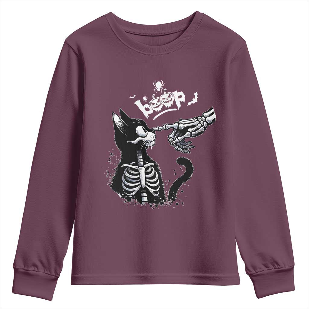 Black Cat Halloween Youth Sweatshirt Skeleton Hand Boop - Wonder Print Shop
