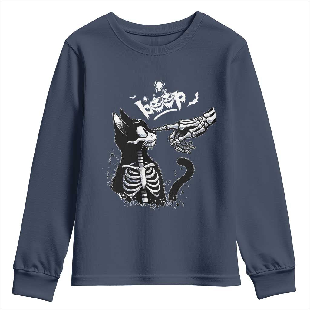 Black Cat Halloween Youth Sweatshirt Skeleton Hand Boop - Wonder Print Shop