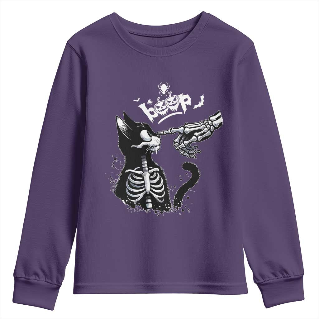 Black Cat Halloween Youth Sweatshirt Skeleton Hand Boop - Wonder Print Shop