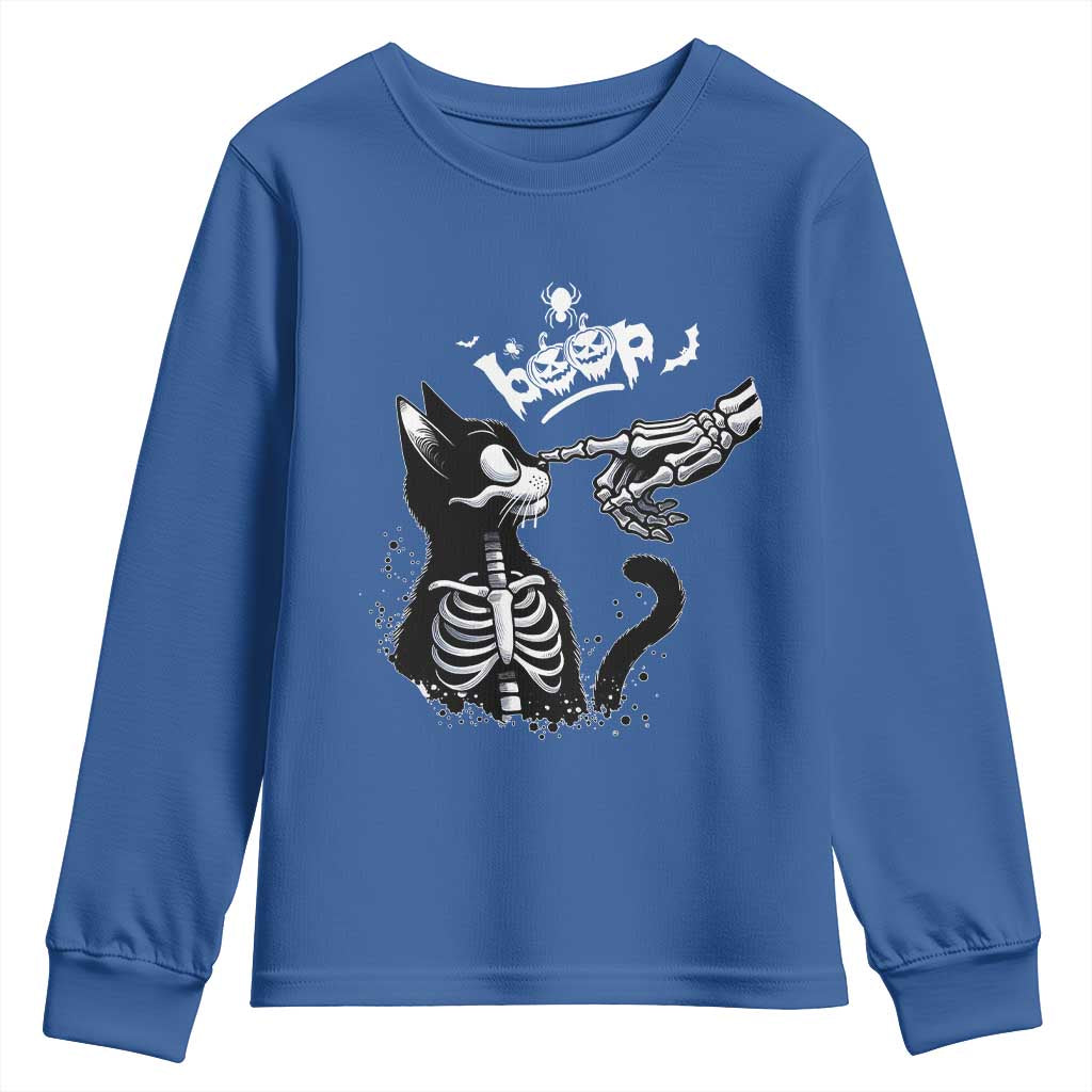 Black Cat Halloween Youth Sweatshirt Skeleton Hand Boop - Wonder Print Shop