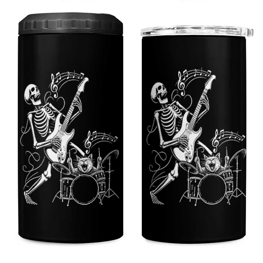 Rock Skeleton Cat Playing Guitar 4 in 1 Can Cooler Tumbler Funny Halloween Kitty Music Lovers