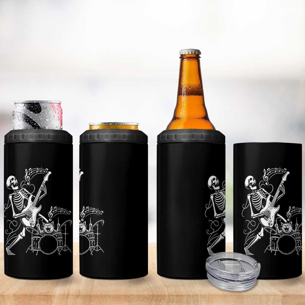 Rock Skeleton Cat Playing Guitar 4 in 1 Can Cooler Tumbler Funny Halloween Kitty Music Lovers