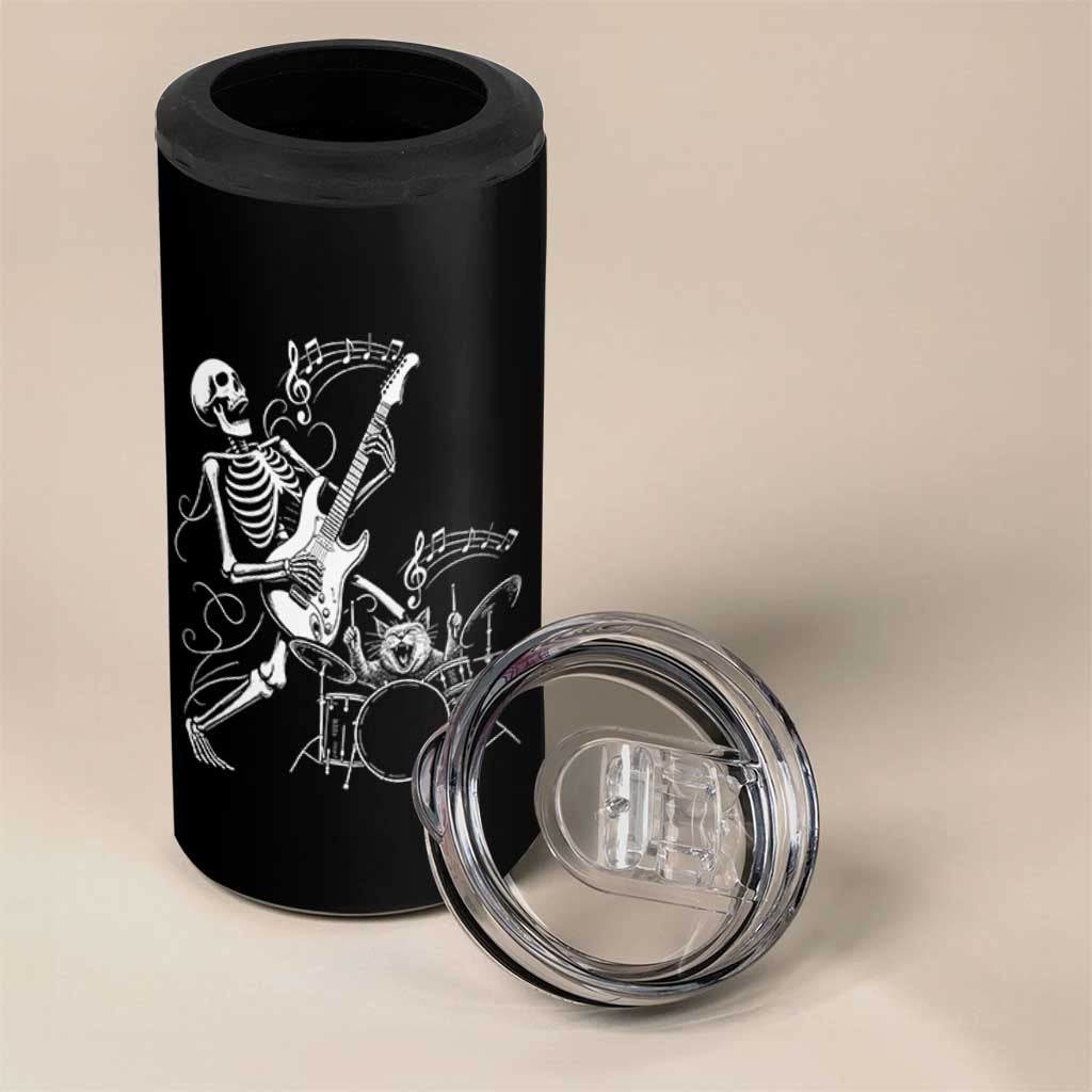 Rock Skeleton Cat Playing Guitar 4 in 1 Can Cooler Tumbler Funny Halloween Kitty Music Lovers