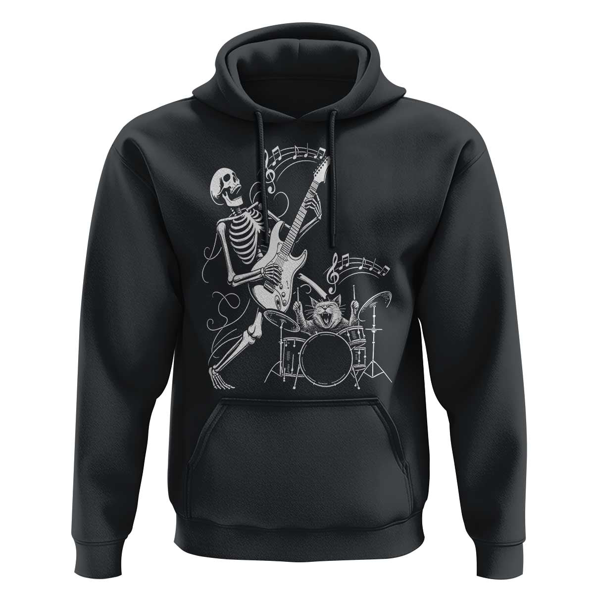 Rock Skeleton Cat Playing Guitar Hoodie Funny Halloween Kitty Music Lovers - Wonder Print Shop