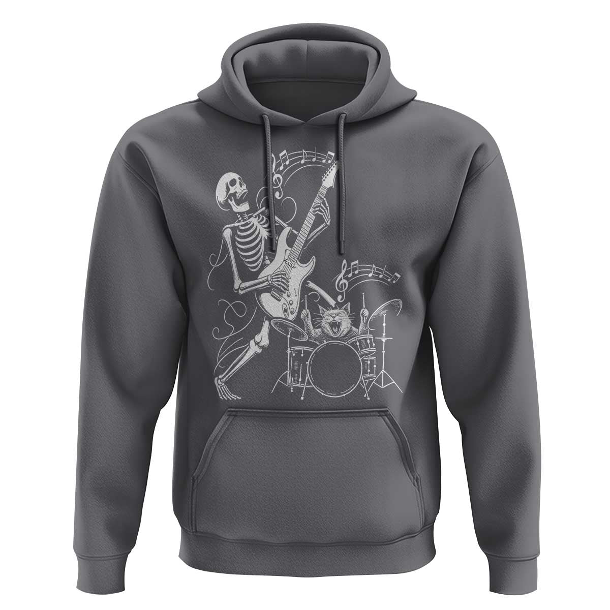 Rock Skeleton Cat Playing Guitar Hoodie Funny Halloween Kitty Music Lovers - Wonder Print Shop