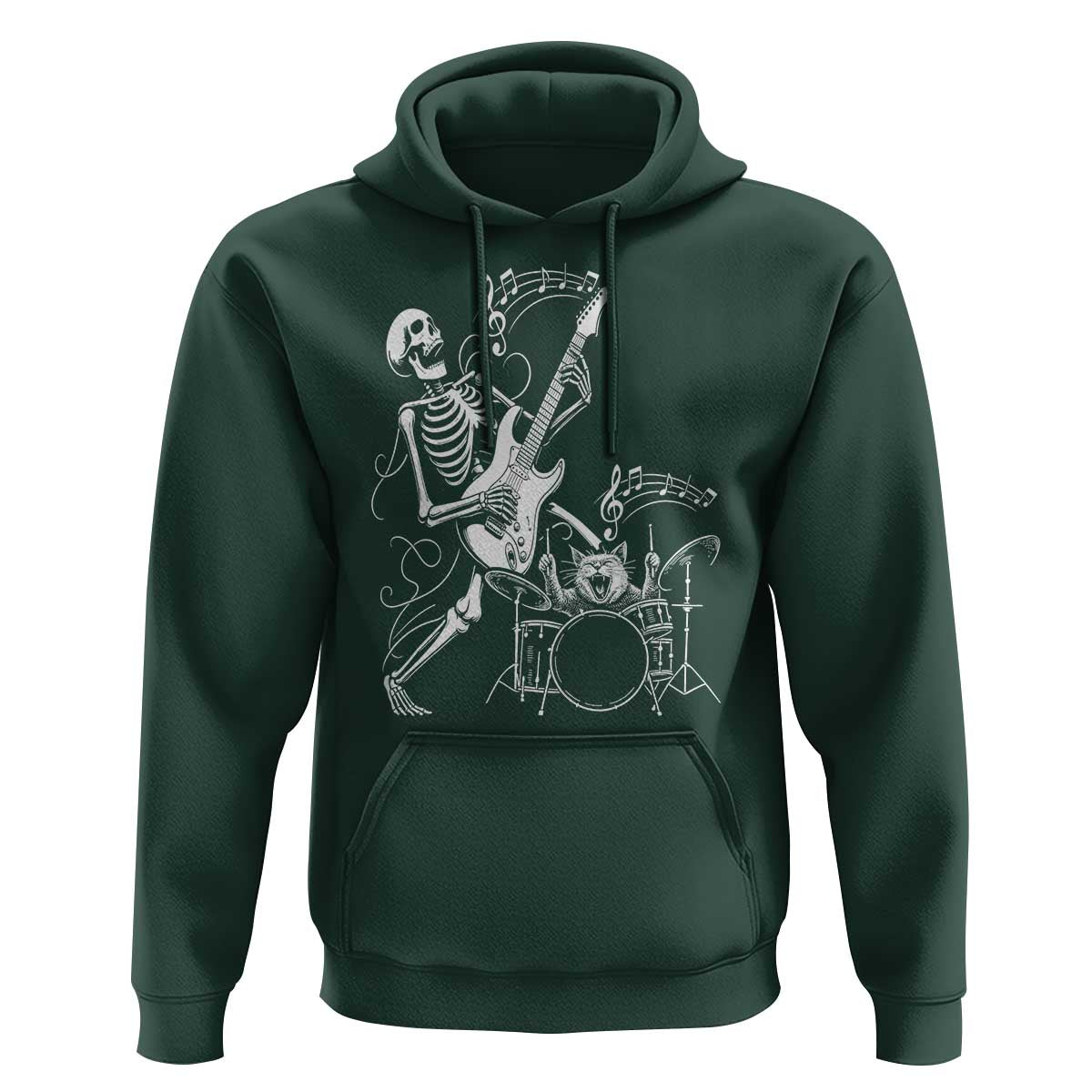 Rock Skeleton Cat Playing Guitar Hoodie Funny Halloween Kitty Music Lovers - Wonder Print Shop