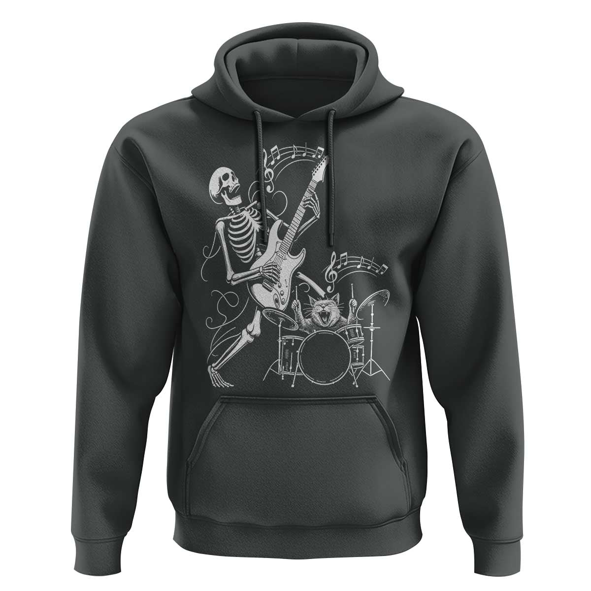 Rock Skeleton Cat Playing Guitar Hoodie Funny Halloween Kitty Music Lovers - Wonder Print Shop