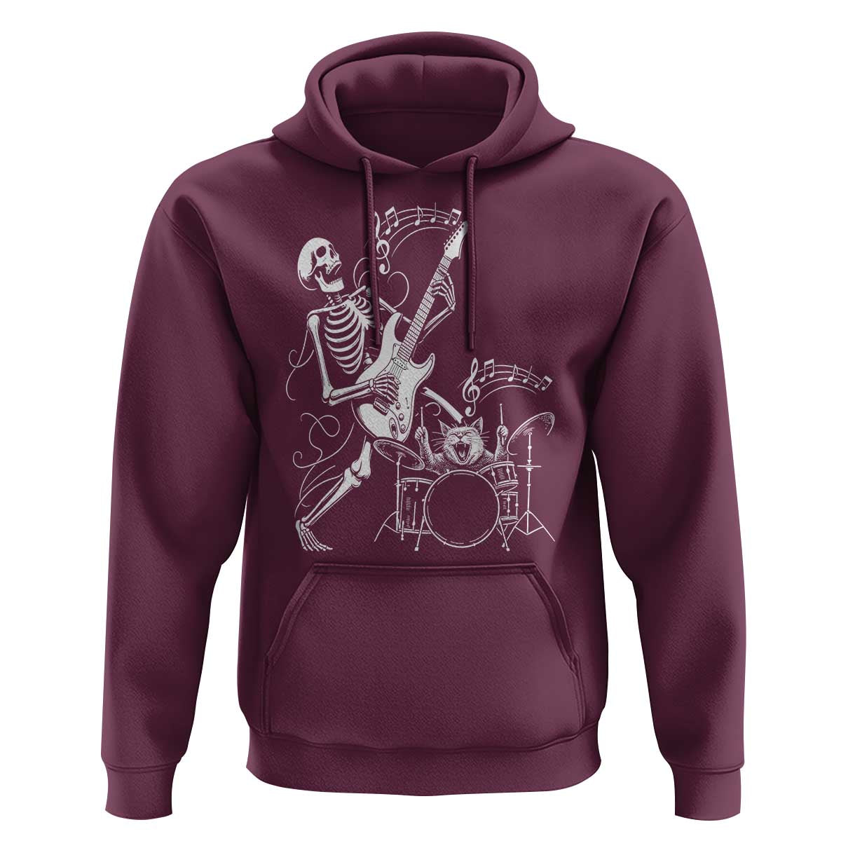 Rock Skeleton Cat Playing Guitar Hoodie Funny Halloween Kitty Music Lovers - Wonder Print Shop