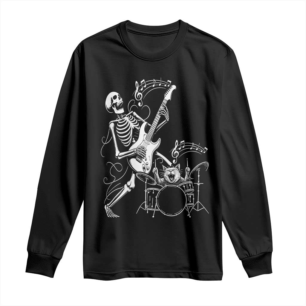 Rock Skeleton Cat Playing Guitar Long Sleeve Shirt Funny Halloween Kitty Music Lovers - Wonder Print Shop