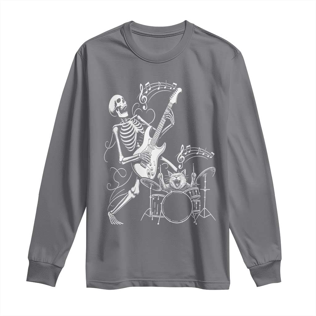 Rock Skeleton Cat Playing Guitar Long Sleeve Shirt Funny Halloween Kitty Music Lovers - Wonder Print Shop