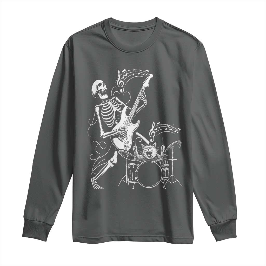 Rock Skeleton Cat Playing Guitar Long Sleeve Shirt Funny Halloween Kitty Music Lovers - Wonder Print Shop