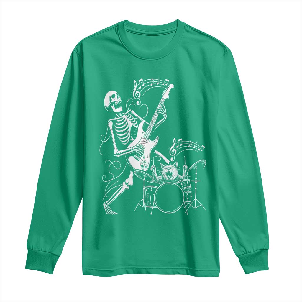 Rock Skeleton Cat Playing Guitar Long Sleeve Shirt Funny Halloween Kitty Music Lovers - Wonder Print Shop