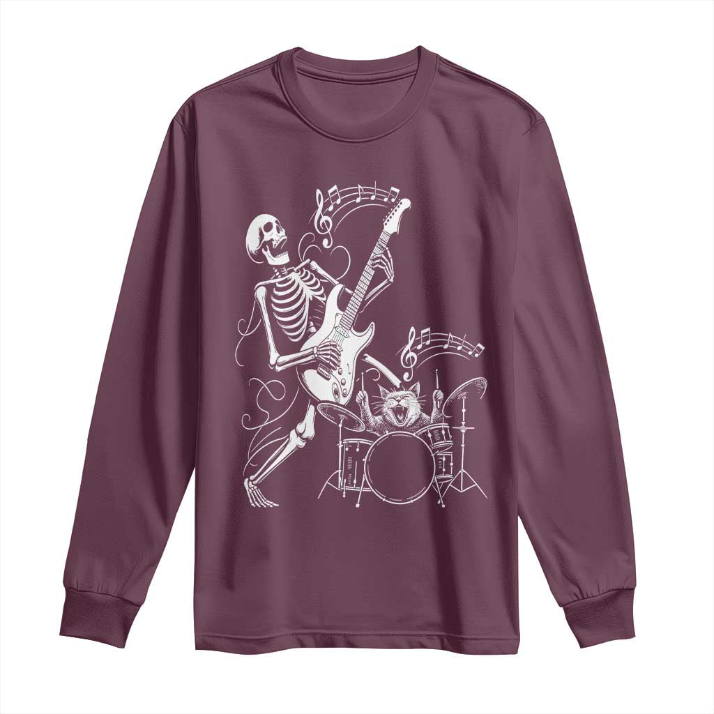 Rock Skeleton Cat Playing Guitar Long Sleeve Shirt Funny Halloween Kitty Music Lovers - Wonder Print Shop