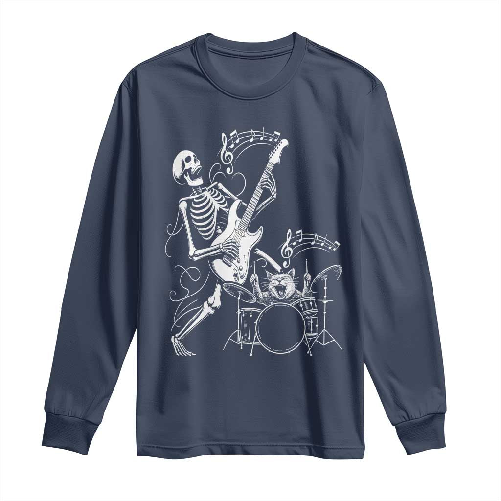 Rock Skeleton Cat Playing Guitar Long Sleeve Shirt Funny Halloween Kitty Music Lovers - Wonder Print Shop