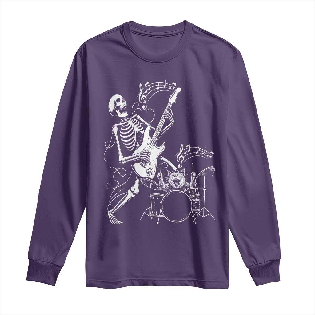 Rock Skeleton Cat Playing Guitar Long Sleeve Shirt Funny Halloween Kitty Music Lovers - Wonder Print Shop