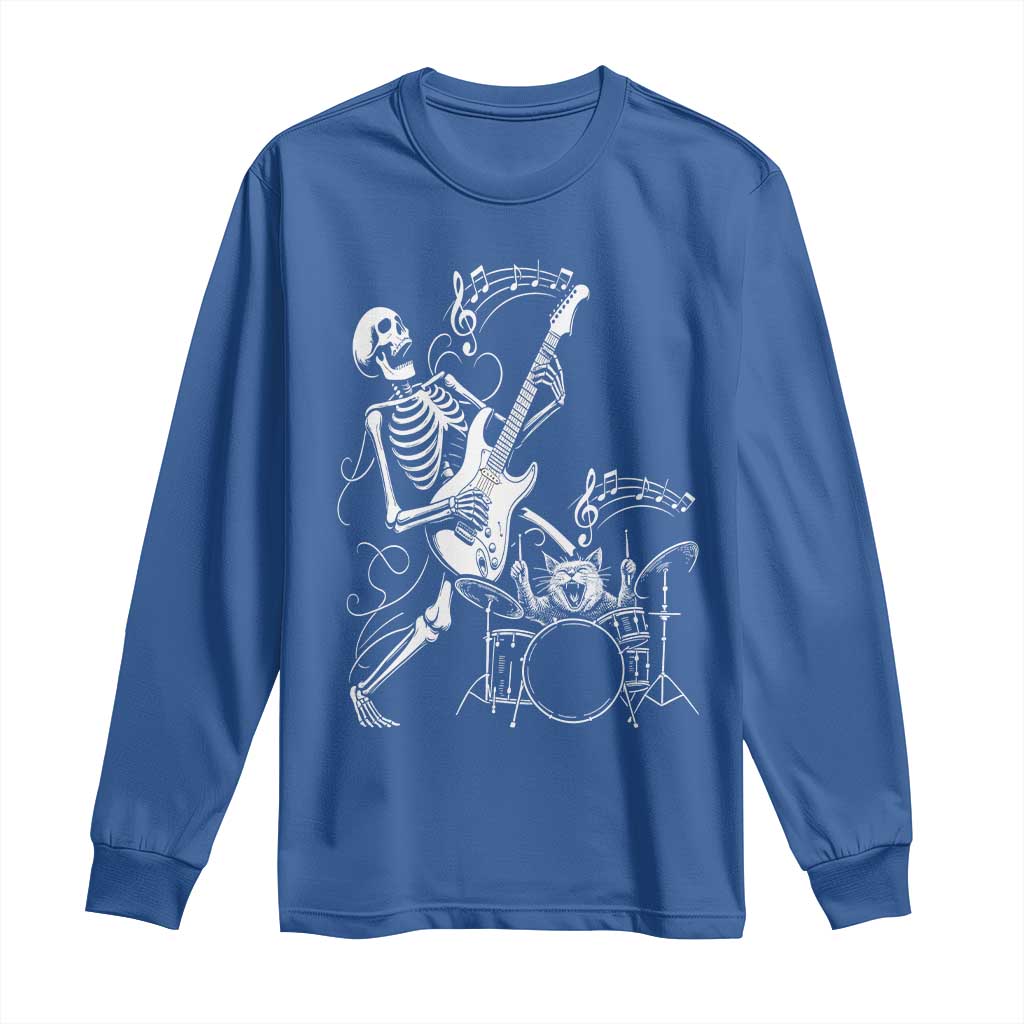 Rock Skeleton Cat Playing Guitar Long Sleeve Shirt Funny Halloween Kitty Music Lovers - Wonder Print Shop