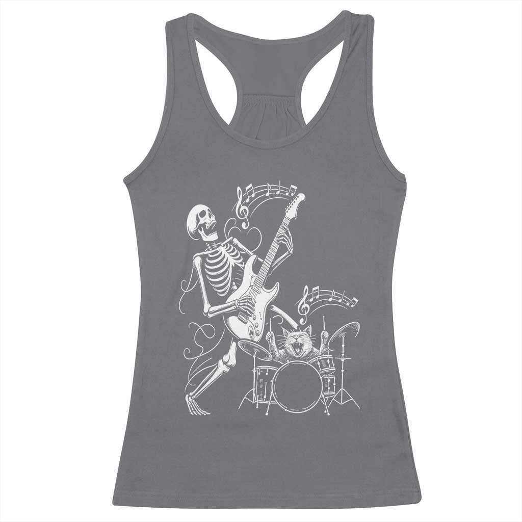 Rock Skeleton Cat Playing Guitar Racerback Tank Top Funny Halloween Kitty Music Lovers - Wonder Print Shop