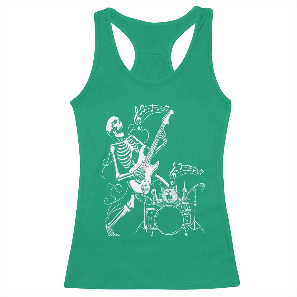 Rock Skeleton Cat Playing Guitar Racerback Tank Top Funny Halloween Kitty Music Lovers - Wonder Print Shop