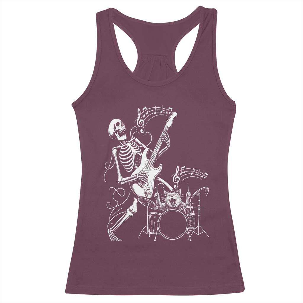 Rock Skeleton Cat Playing Guitar Racerback Tank Top Funny Halloween Kitty Music Lovers - Wonder Print Shop