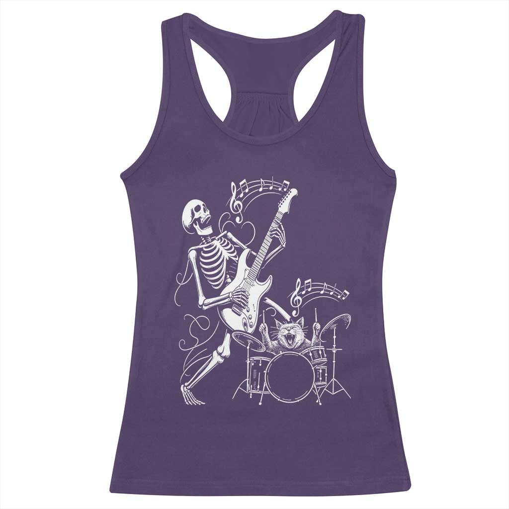 Rock Skeleton Cat Playing Guitar Racerback Tank Top Funny Halloween Kitty Music Lovers - Wonder Print Shop