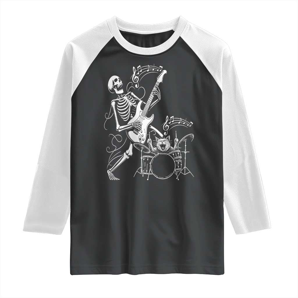Rock Skeleton Cat Playing Guitar Raglan Shirt Funny Halloween Kitty Music Lovers - Wonder Print Shop