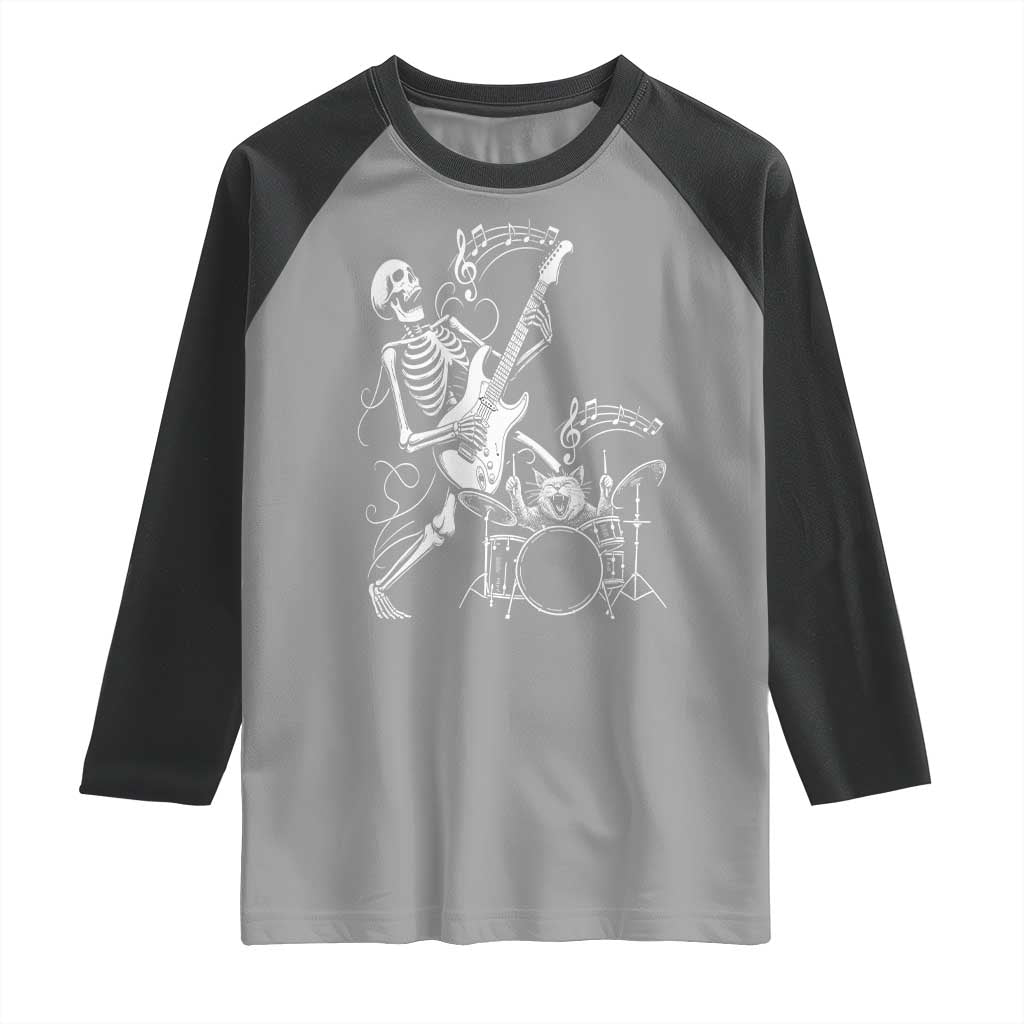 Rock Skeleton Cat Playing Guitar Raglan Shirt Funny Halloween Kitty Music Lovers - Wonder Print Shop