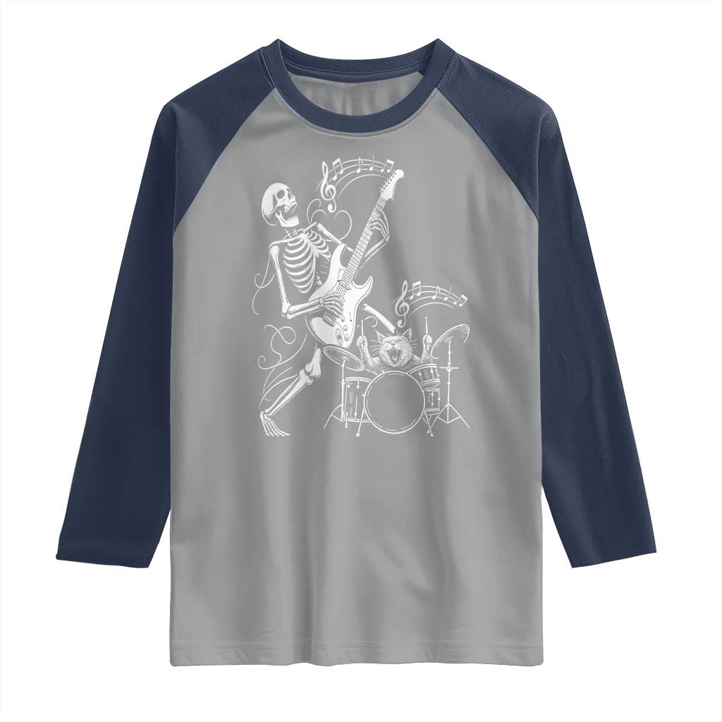 Rock Skeleton Cat Playing Guitar Raglan Shirt Funny Halloween Kitty Music Lovers - Wonder Print Shop