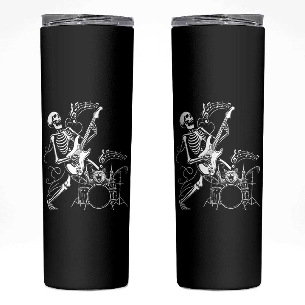 Rock Skeleton Cat Playing Guitar Skinny Tumbler Funny Halloween Kitty Music Lovers