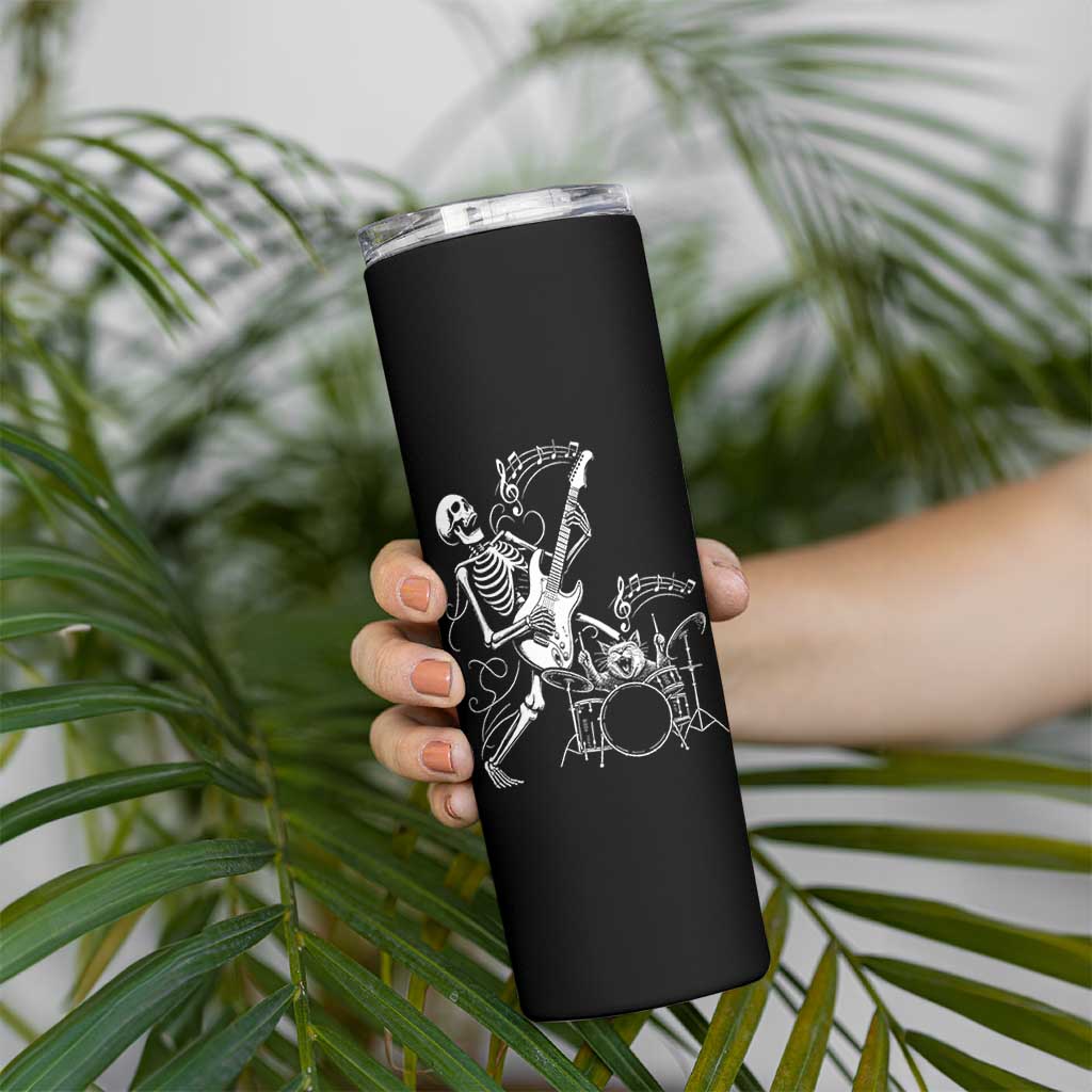 Rock Skeleton Cat Playing Guitar Skinny Tumbler Funny Halloween Kitty Music Lovers