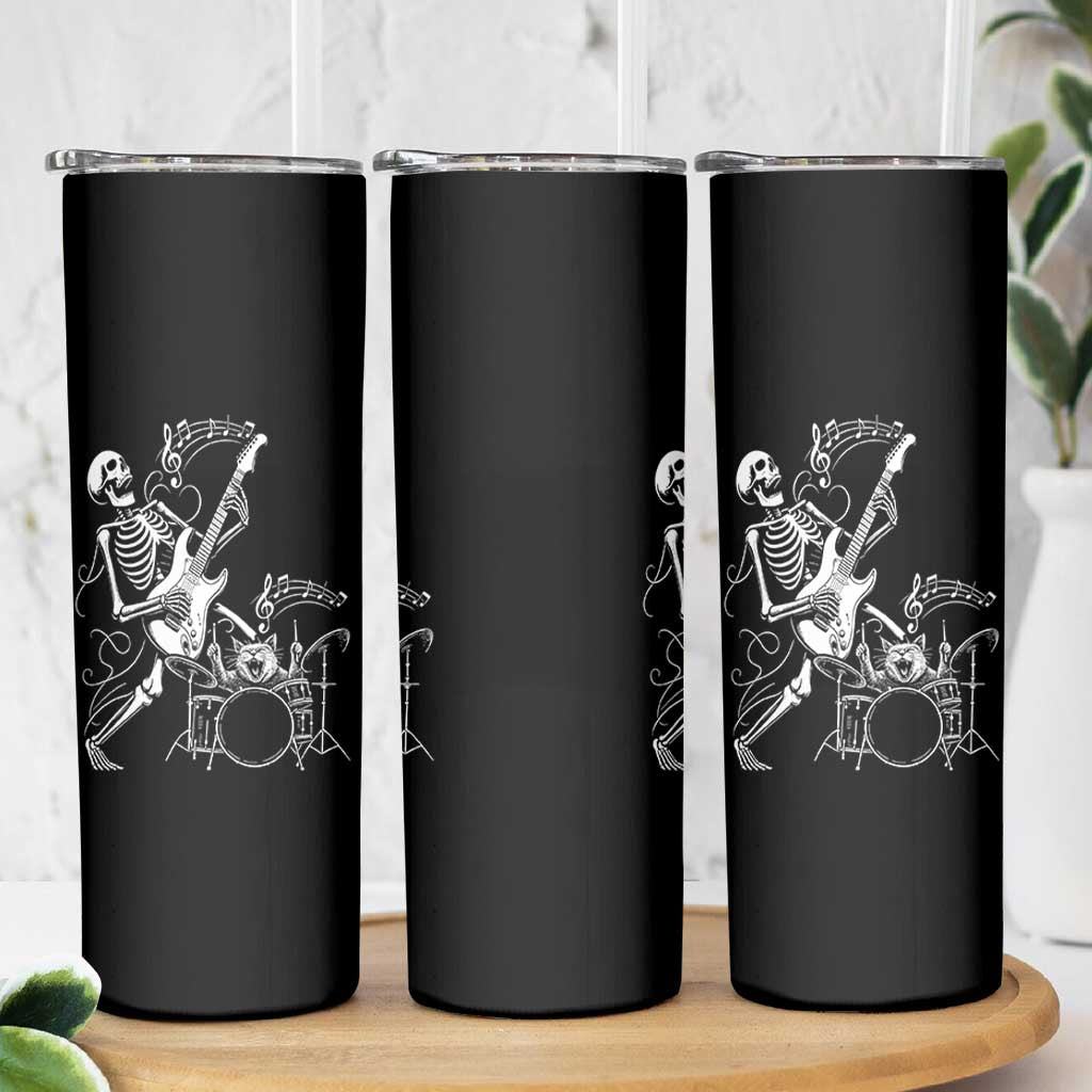 Rock Skeleton Cat Playing Guitar Skinny Tumbler Funny Halloween Kitty Music Lovers