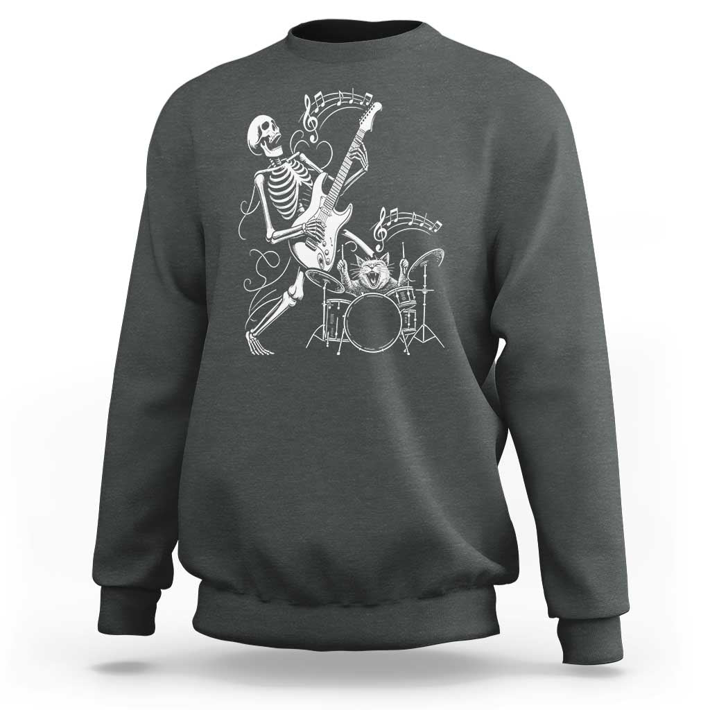 Rock Skeleton Cat Playing Guitar Sweatshirt Funny Halloween Kitty Music Lovers - Wonder Print Shop