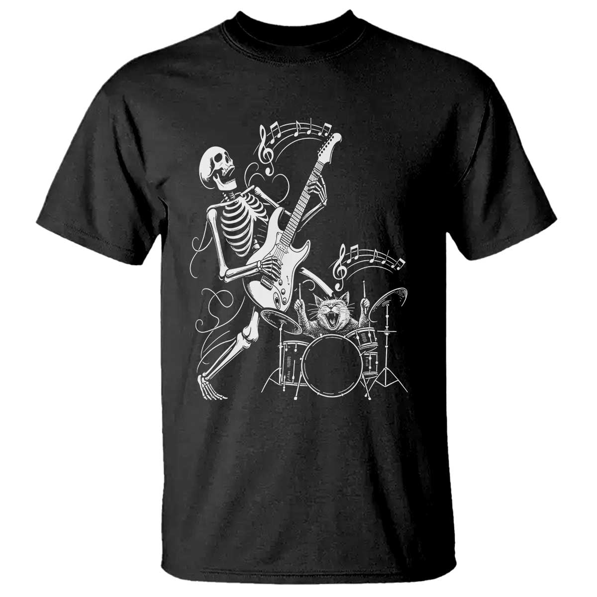 Rock Skeleton Cat Playing Guitar T Shirt Funny Halloween Kitty Music Lovers - Wonder Print Shop