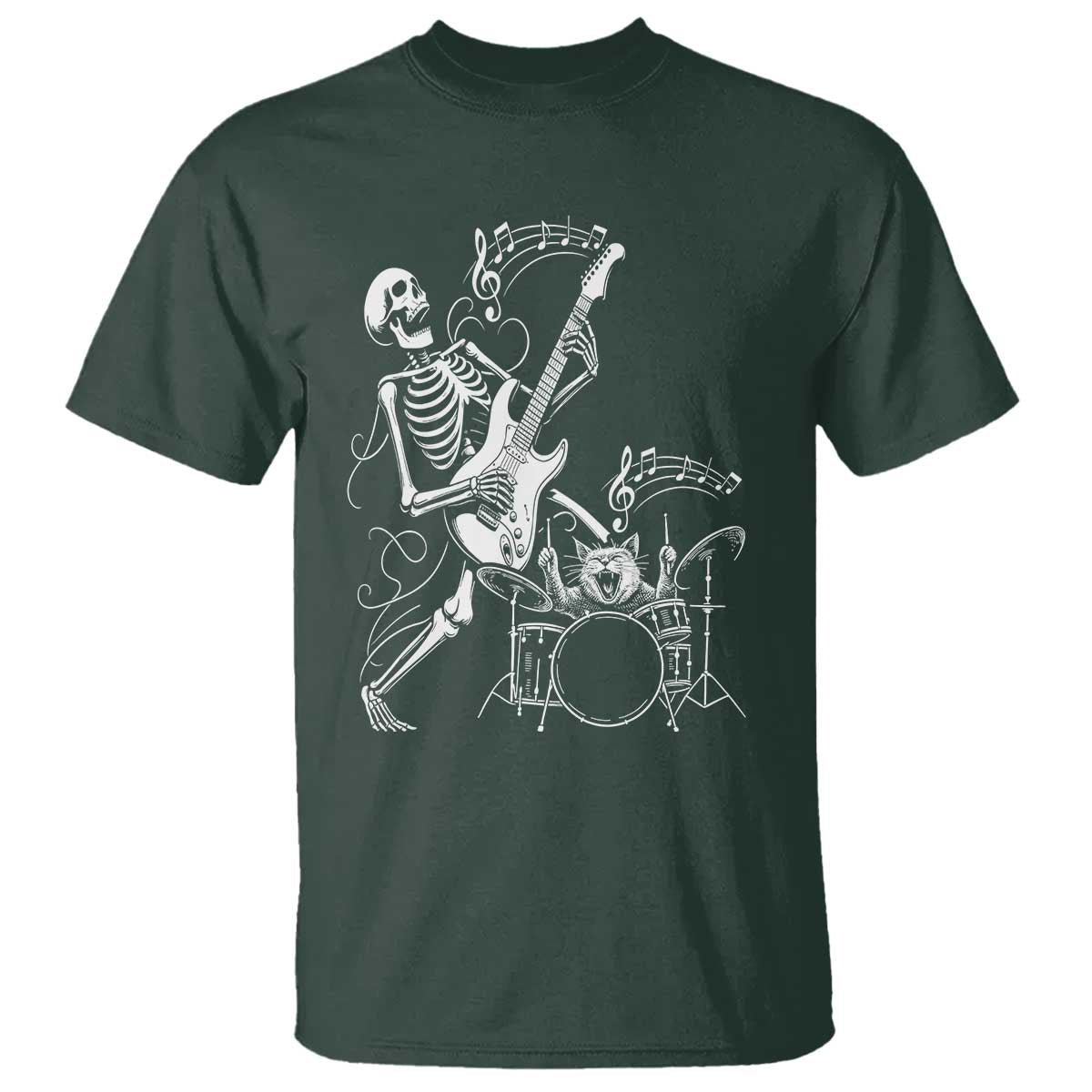 Rock Skeleton Cat Playing Guitar T Shirt Funny Halloween Kitty Music Lovers - Wonder Print Shop