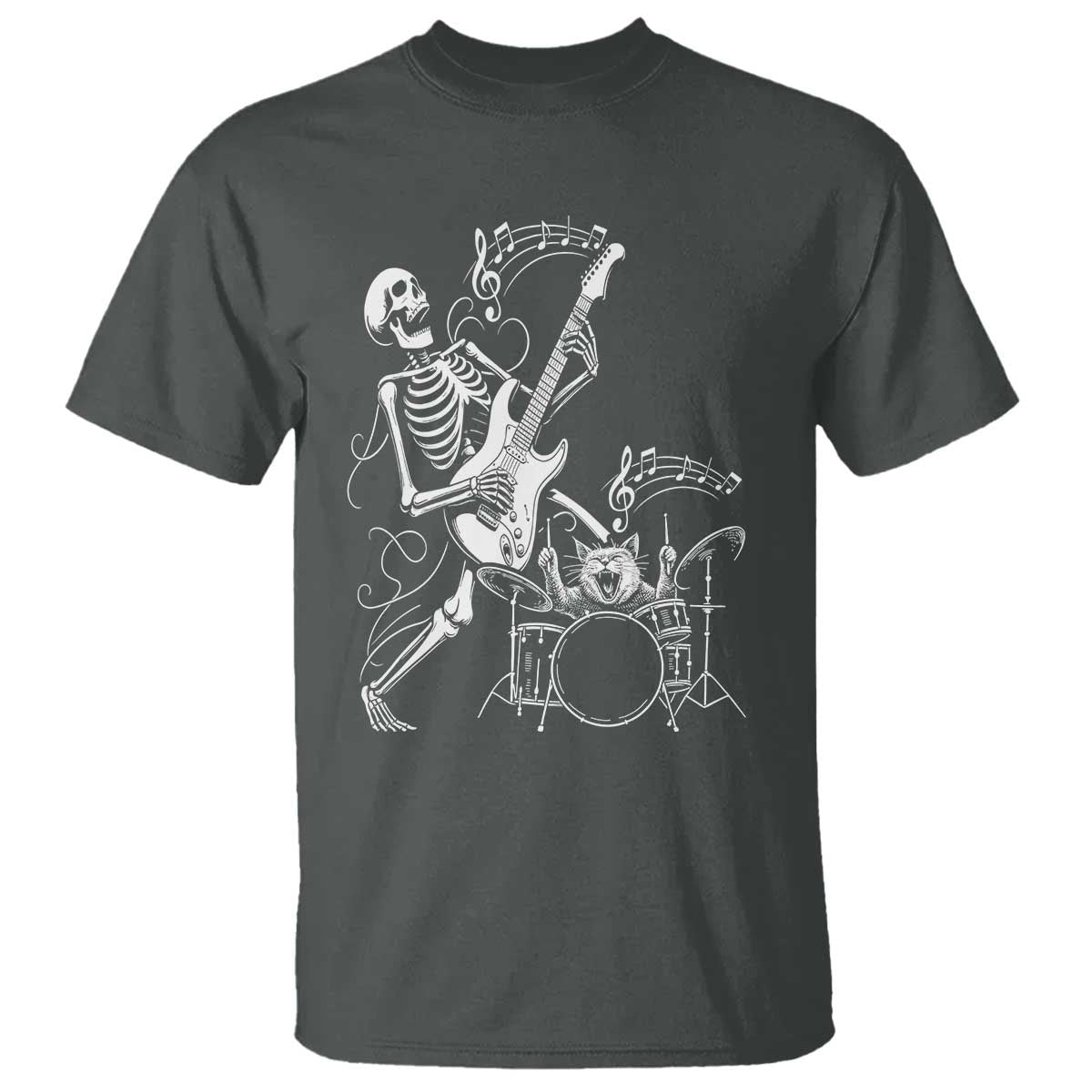 Rock Skeleton Cat Playing Guitar T Shirt Funny Halloween Kitty Music Lovers - Wonder Print Shop