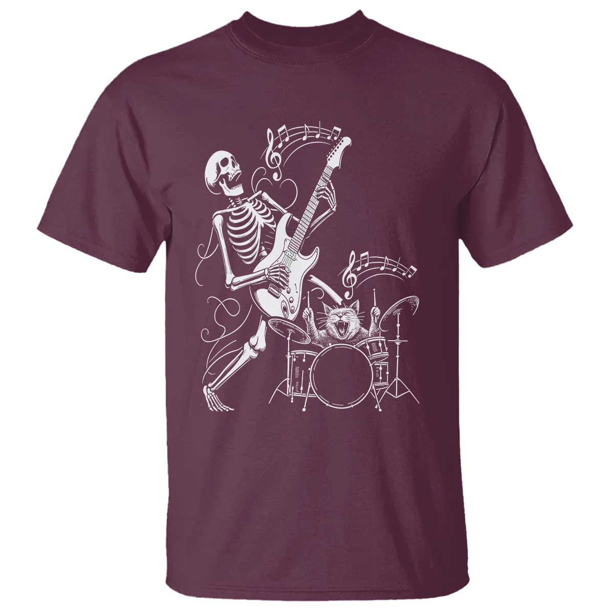 Rock Skeleton Cat Playing Guitar T Shirt Funny Halloween Kitty Music Lovers - Wonder Print Shop