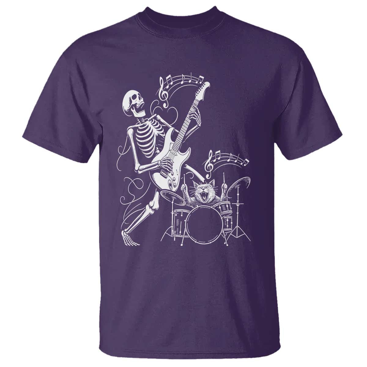 Rock Skeleton Cat Playing Guitar T Shirt Funny Halloween Kitty Music Lovers - Wonder Print Shop