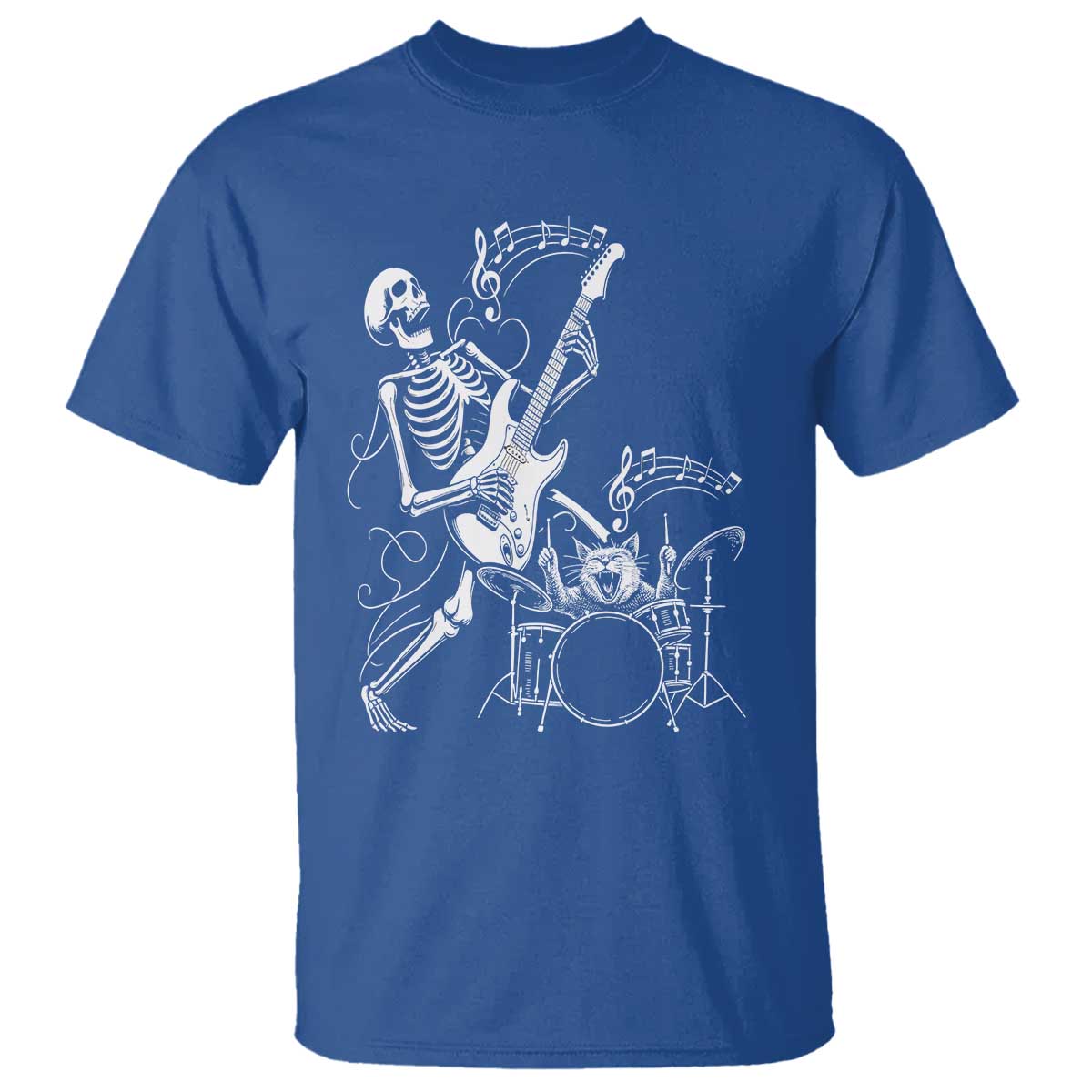 Rock Skeleton Cat Playing Guitar T Shirt Funny Halloween Kitty Music Lovers - Wonder Print Shop