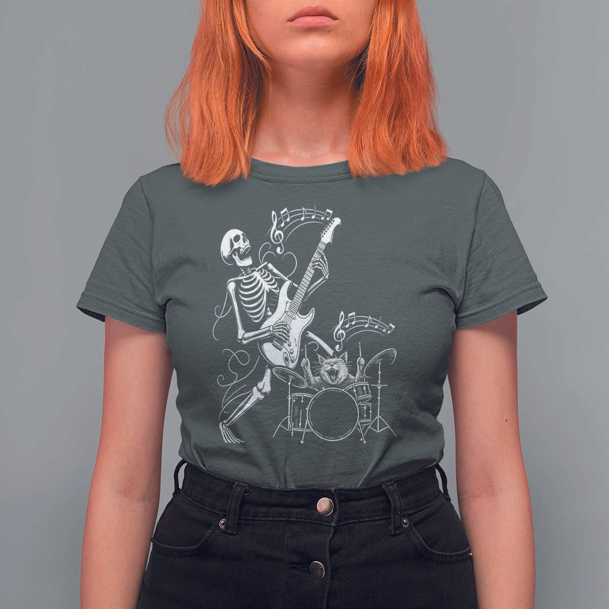 Rock Skeleton Cat Playing Guitar T Shirt For Women Funny Halloween Kitty Music Lovers - Wonder Print Shop