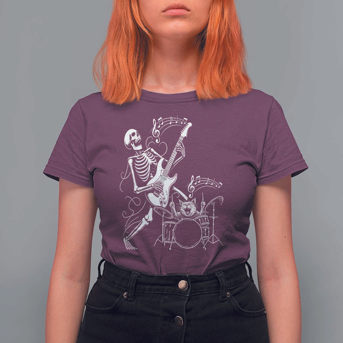 Rock Skeleton Cat Playing Guitar T Shirt For Women Funny Halloween Kitty Music Lovers - Wonder Print Shop