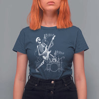 Rock Skeleton Cat Playing Guitar T Shirt For Women Funny Halloween Kitty Music Lovers - Wonder Print Shop