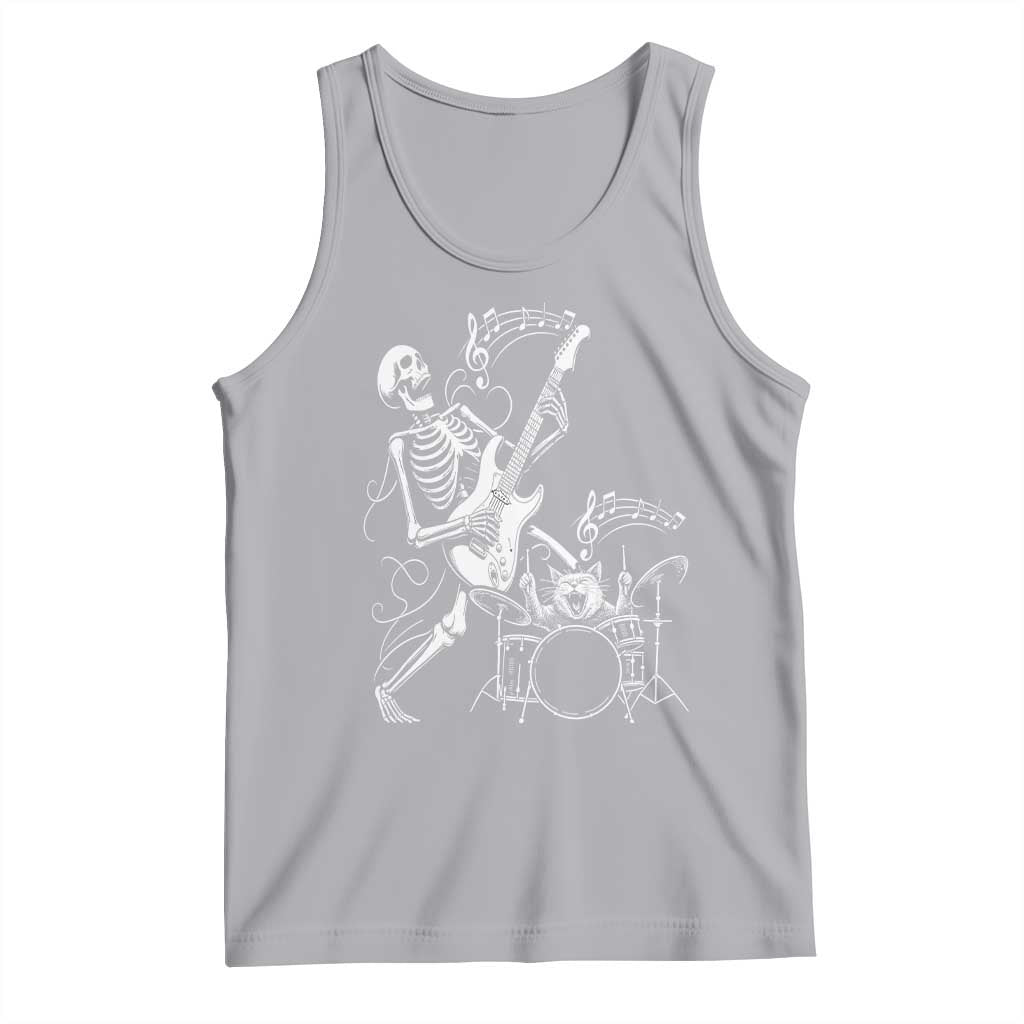 Rock Skeleton Cat Playing Guitar Tank Top Funny Halloween Kitty Music Lovers - Wonder Print Shop